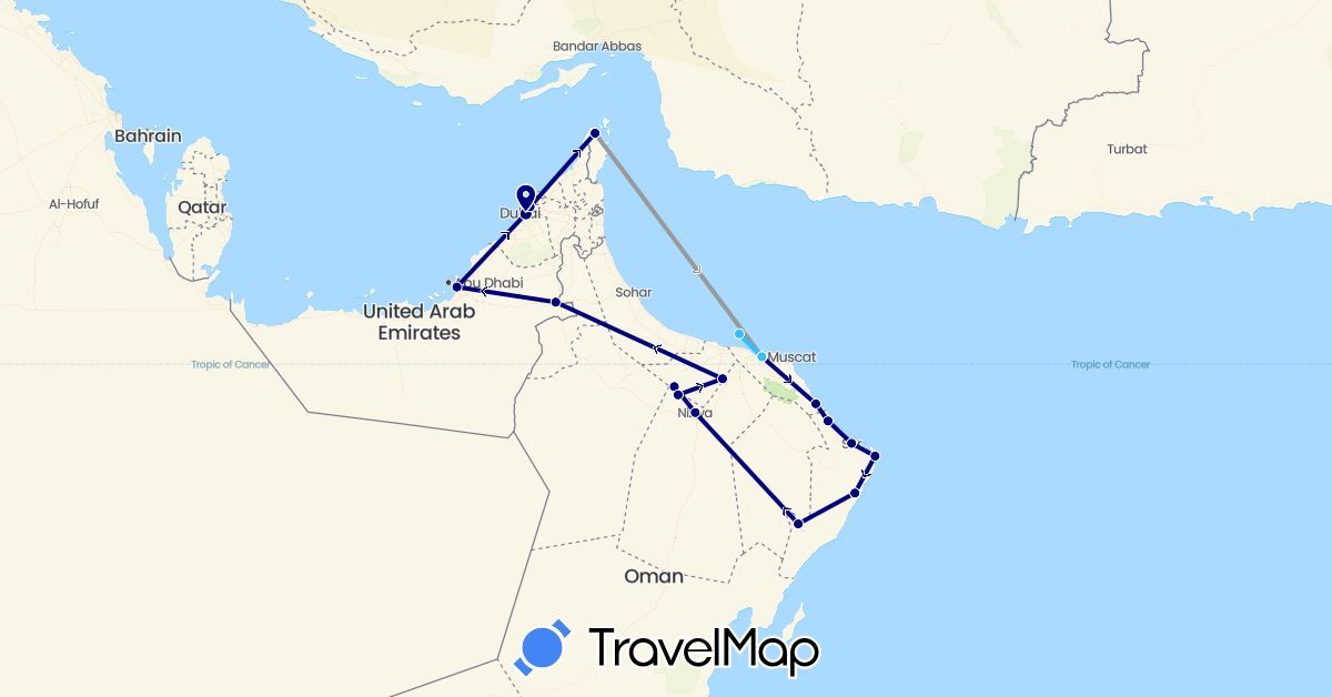 TravelMap itinerary: driving, plane, boat in United Arab Emirates, Oman (Asia)